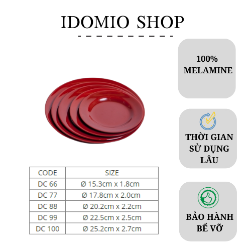 Dĩa Nhưa Tròn Cạn Melamine Đỏ Đen