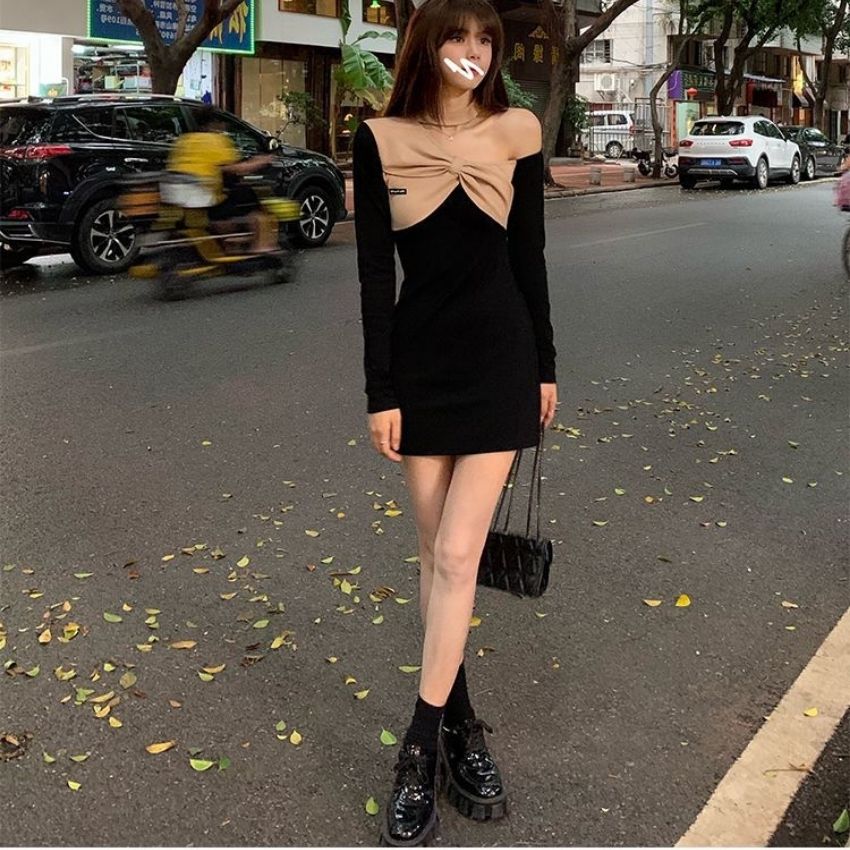 Váy body dài tay , đầm ngắn dáng ôm sexy , hở vai vải bông co dãn cao cấp phong cách thu đông Hàn Quốc