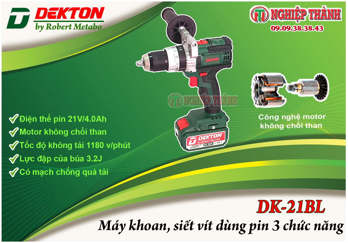 Máy khoan, siết vít Pin 21v Dekton DK-21BL (2 pin, motor không chổi than, có búa)