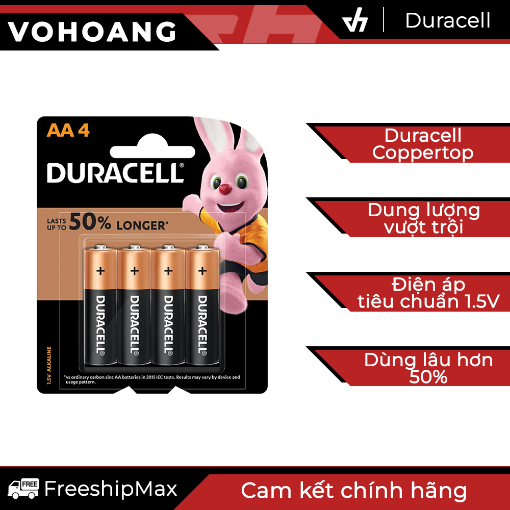 Pin tiểu AA loại tốt dung lượng cao chống chảy - Vỉ 4 viên Duracell Coppertop