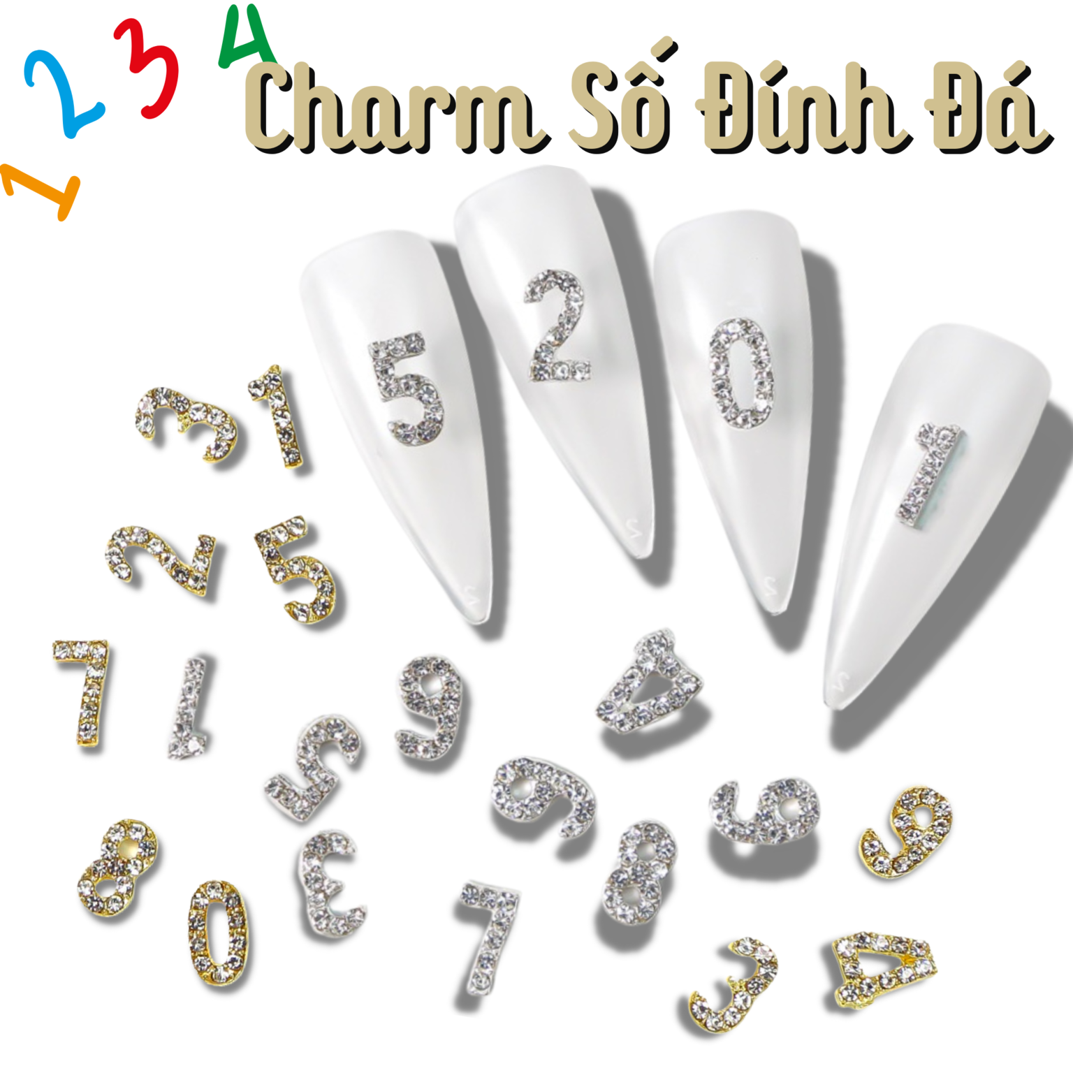 Charm Số Đính Đá Vàng Bạc | Trang Trí Móng Tay