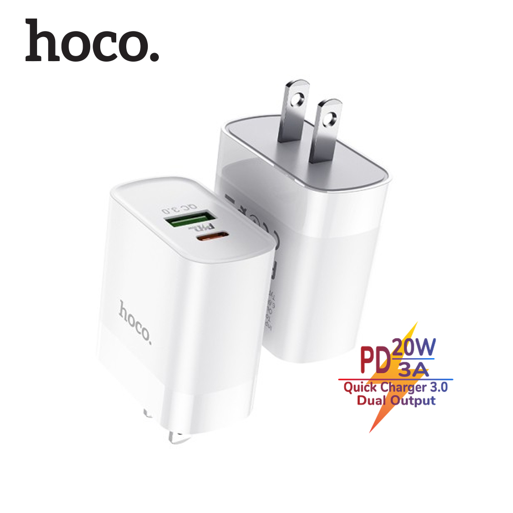 Củ sạc nhanh Hoco C80 2 cổng ( USB A + Type- C ) sạc nhanh 3.1A PD 20W Q.C 3.0 hỗ trợ sạc nhanh cho nhiều dòng điện thoại