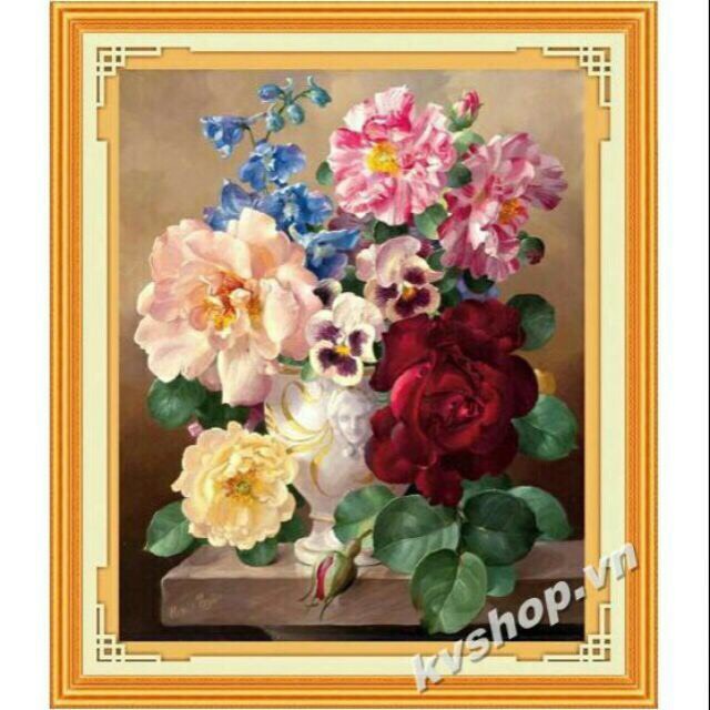 Tranh thêu BÌNH HOA MẪU ĐƠN KHOE SẮC A1051 (chưa thêu)