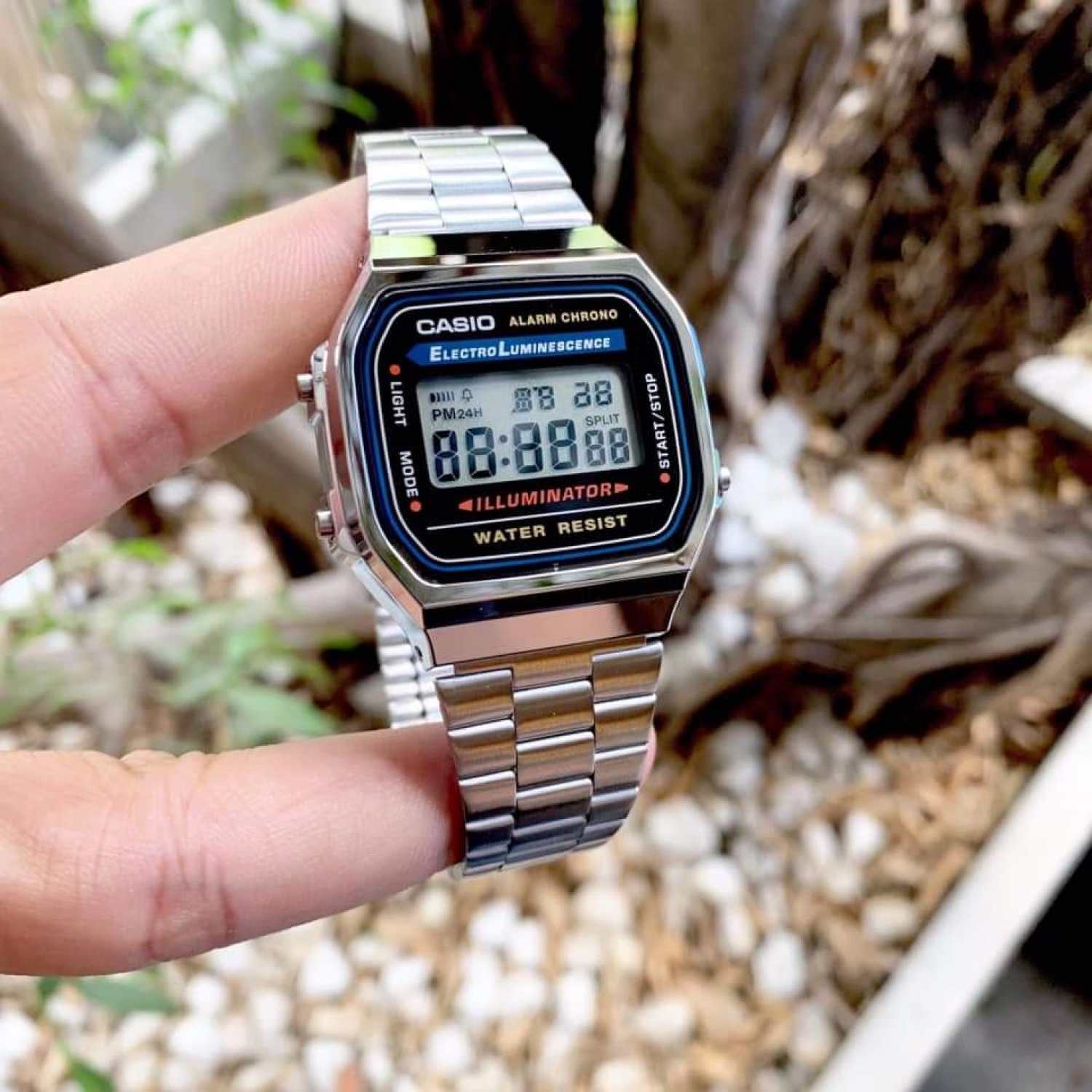 Đồng hồ điện tử nam nữ dây thép Casio A168 vintage xám chuột