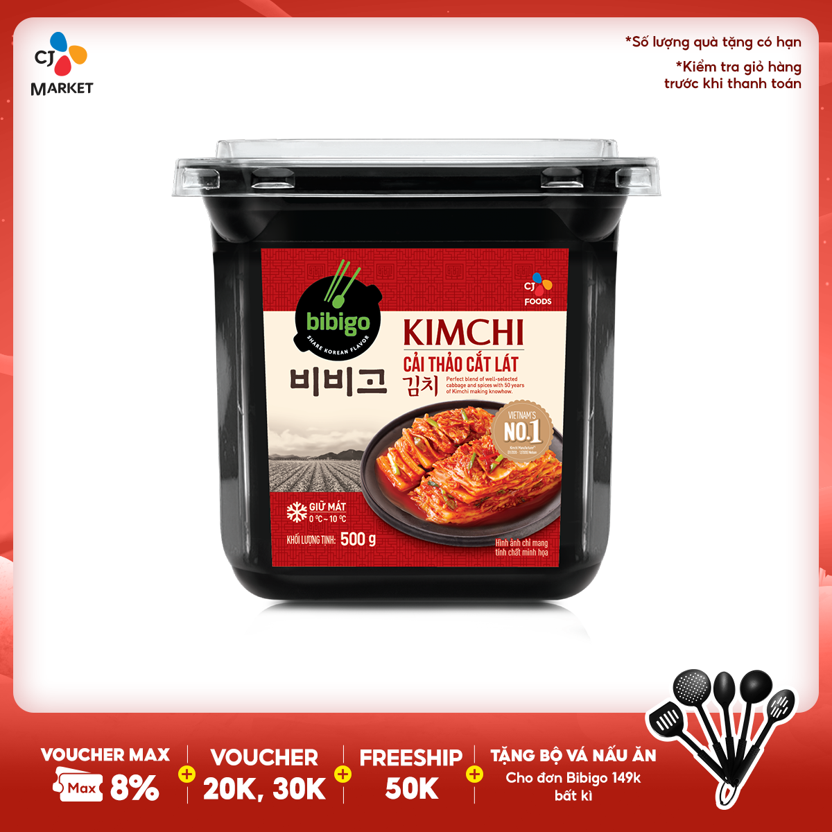 HCM & HN Kim chi Bibigo cải thảo cắt lát hộp 500g Chay Mặn