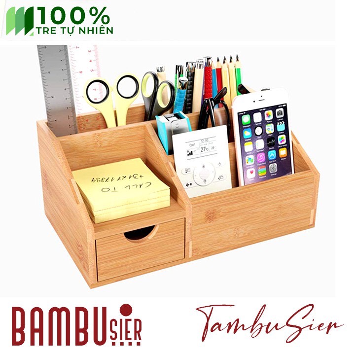 Khay hộp cắm bút gỗ tre để bàn
