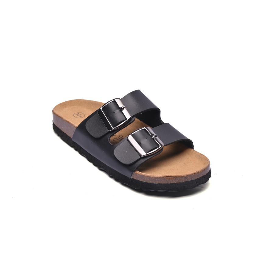 Dép đế trấu unisex 2 khóa da pu đen