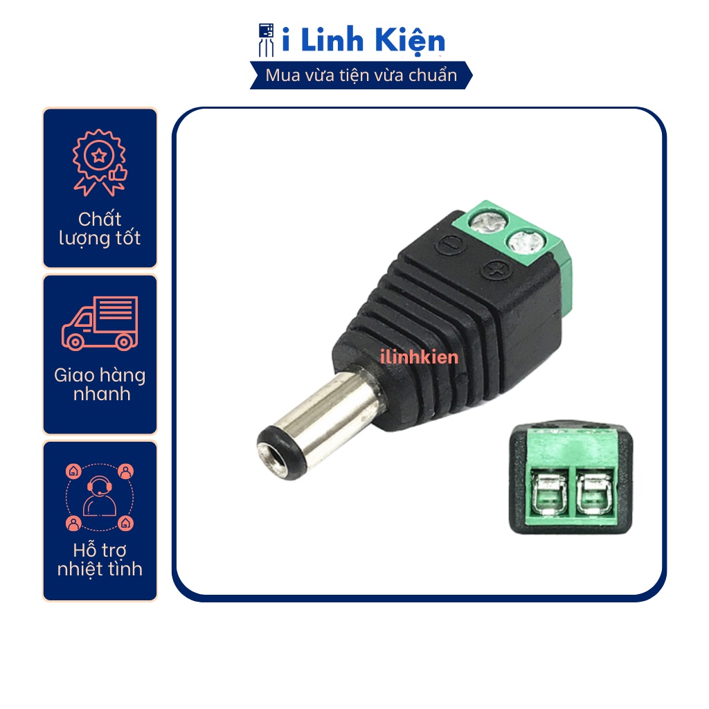 Jack nguồn DC đực 5.5x2.1mm đấu dây dùng vít