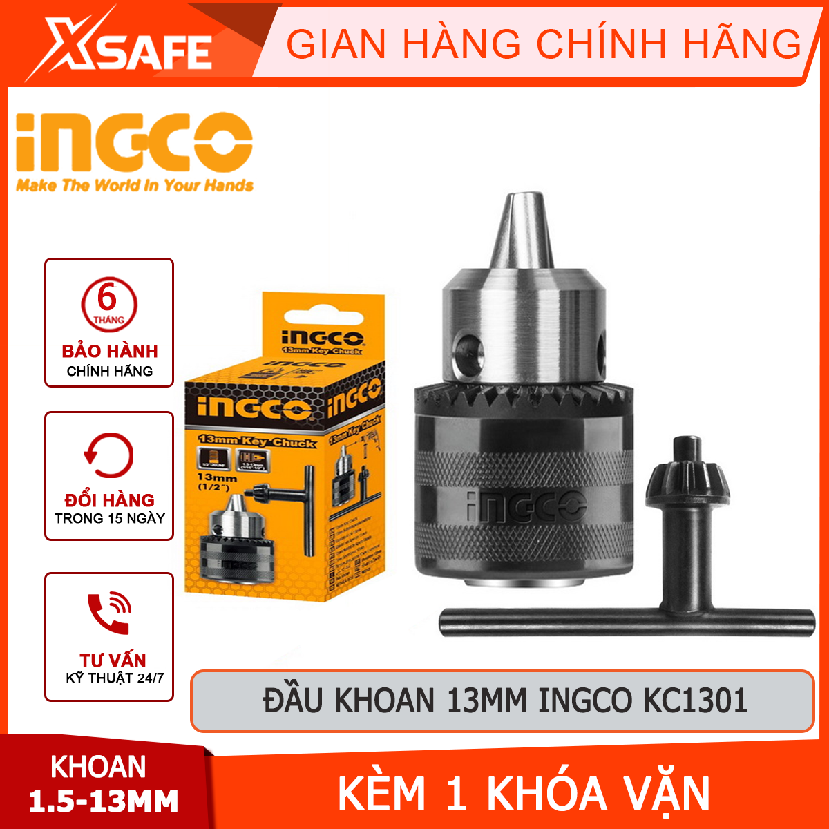 Drill head ingco KC1301 head drilling machine drilling capacity 1.5-13mm, the connector size 1/2 inch, included 1 lock screw special-purpose drilling concrete, metal, wood, iron [genuine] [xsafe]
