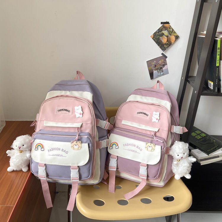 HOÀN TIỀN 15% - Ba lô học sinh HAOLIDA chất vải canvas chống thấm phối màu tặng kèm sitcker và móc khóa gấu trắng