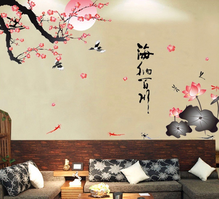 Decal tranh dán tường Hoa sen và cành đào