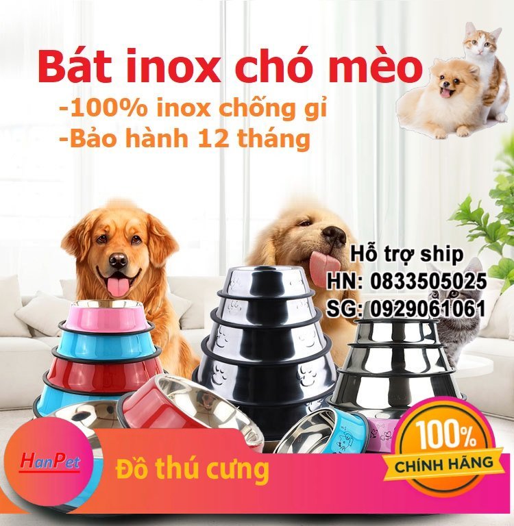 Hanpet - Chén ăn inox màu - Bát inox cho chó mèo siêu bền (ĐỦ SIZE) bát chống lật chó / bát ăn mèo bát chống trượt / chén ăn chó - HP2611001