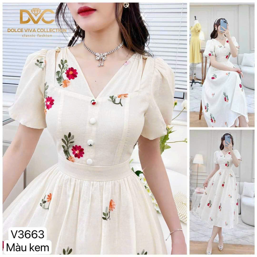 Đầm xòe xốp hoa tay phồng nút bọc cổ tim