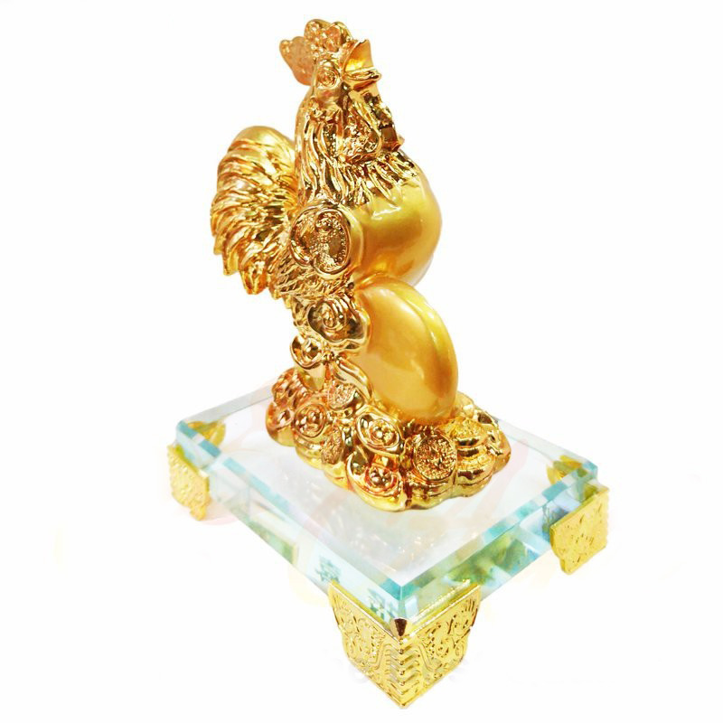 Tượng Gà Trống Vàng Đế Kính Thủy Tinh