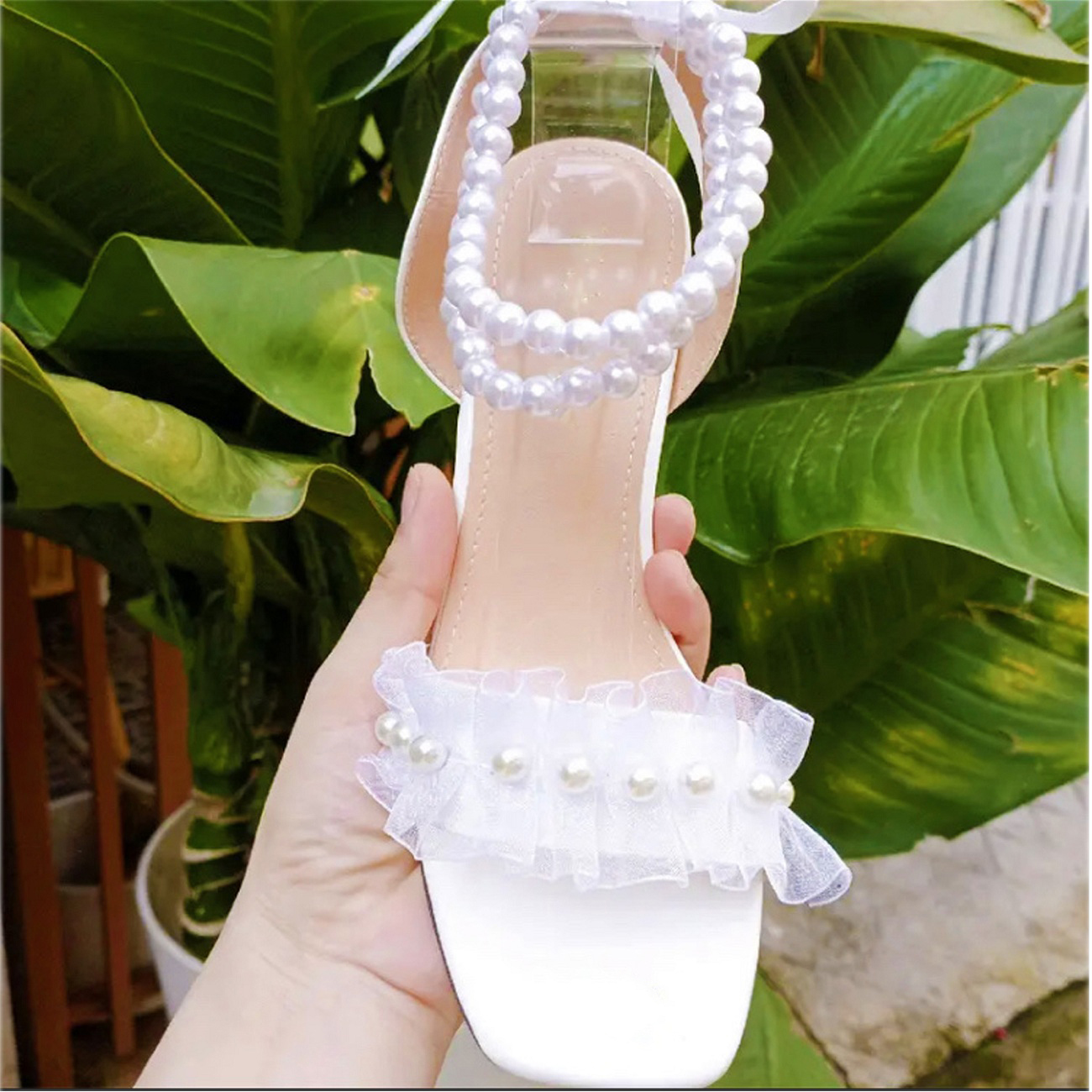 Giày cao gót nữ quai ngọc gót vuông 7 phân TRẮNG
