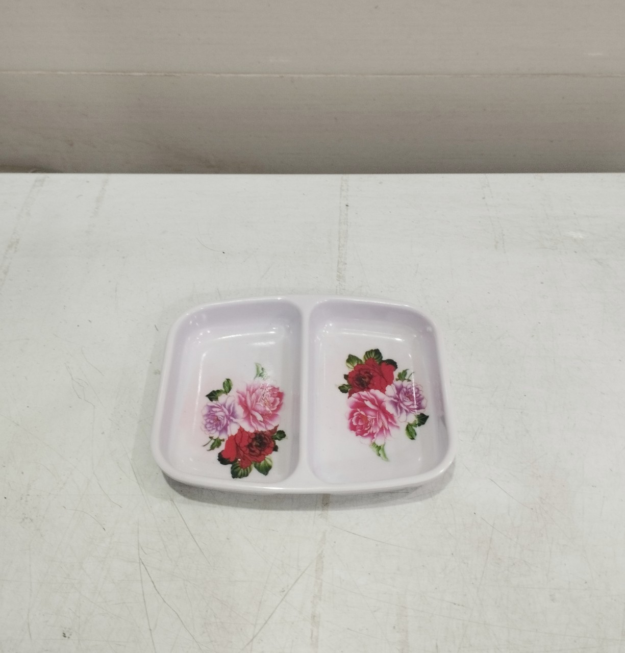 dĩa đựng gia vị melamine, dĩa chấm 2 ngăn màu nâu