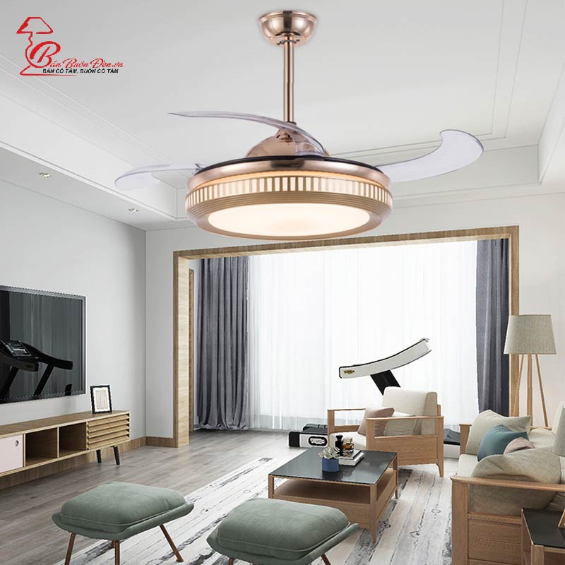Quạt trần đèn dấu cánh, quạt trần phòng khách - qt4clm871 cánh cụp cánh xòe có 3 chế độ ánh sáng tặng điều khiển