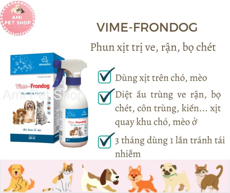 Dung dịch phun xịt Vime-Frondog Vemedim trị ve, rận, bọ chét cho chó mèo từ ấu trùng trứng, an toàn cho thú cưng mang thai và cho con bú, chai 250ml