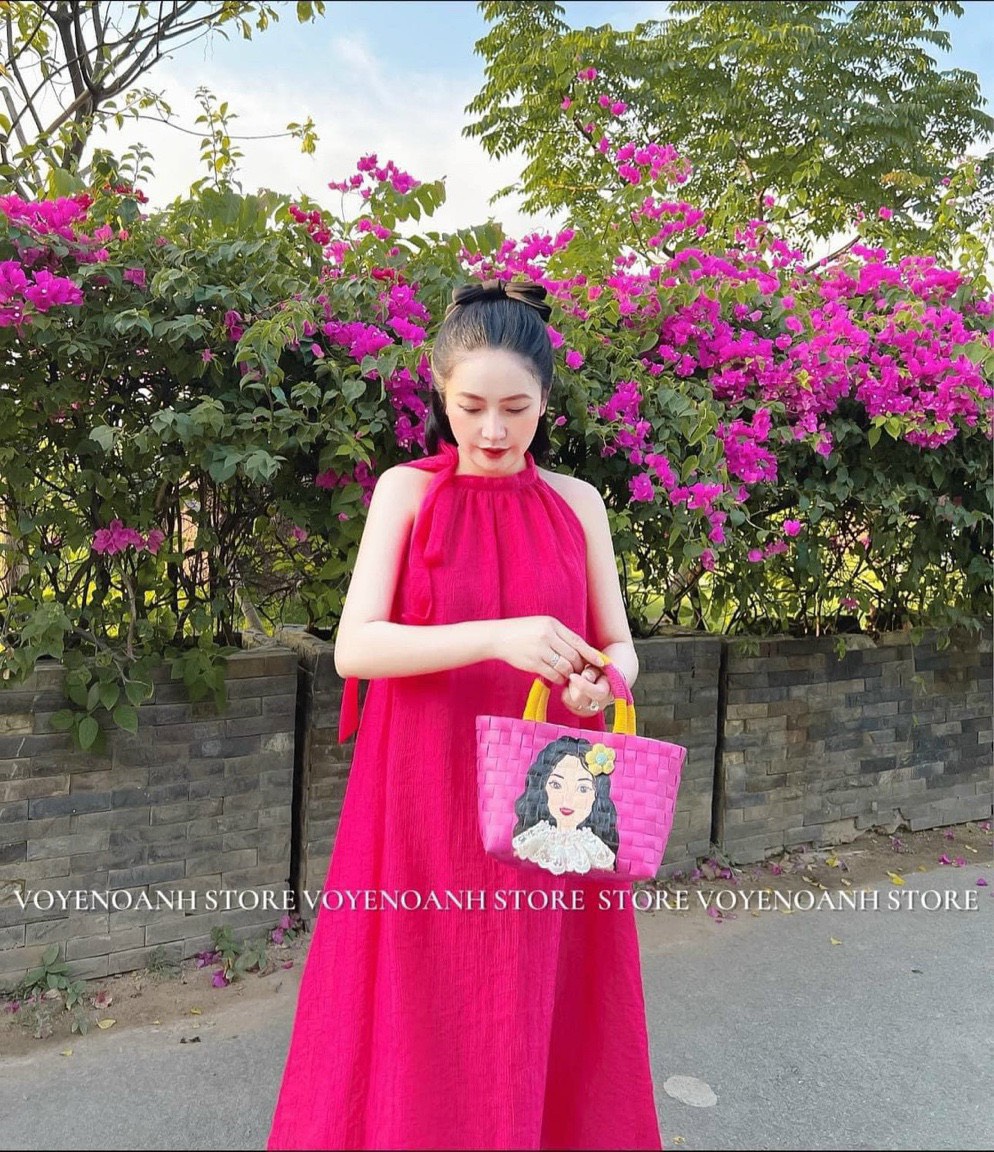 Váy maxi cổ yếm dáng dài, Đầm sát nách suông form rộng cột nơ xinh chất vải kate lụa, Váy đầm maxi hai lớp cổ yếm thắt nơ chất vải kate lụa mềm mại