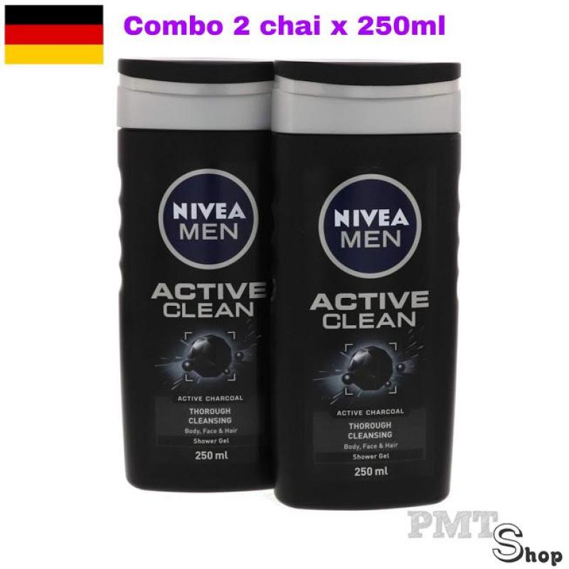 [Đức] Combo 2 chai sữa tắm gội nam 3in1 Nivea men Active Clean Deep 250ml x 2 chai = 500ml than hoạt tính nhập khẩu