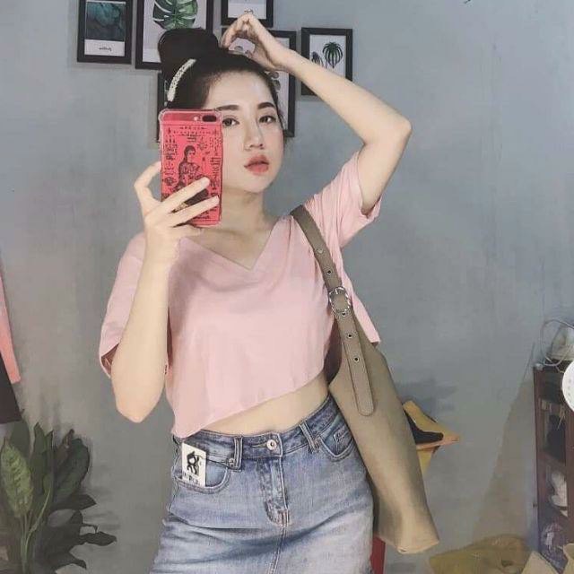 Áo thun nữ trơn from croptop cổ tim cá tính siêu hot