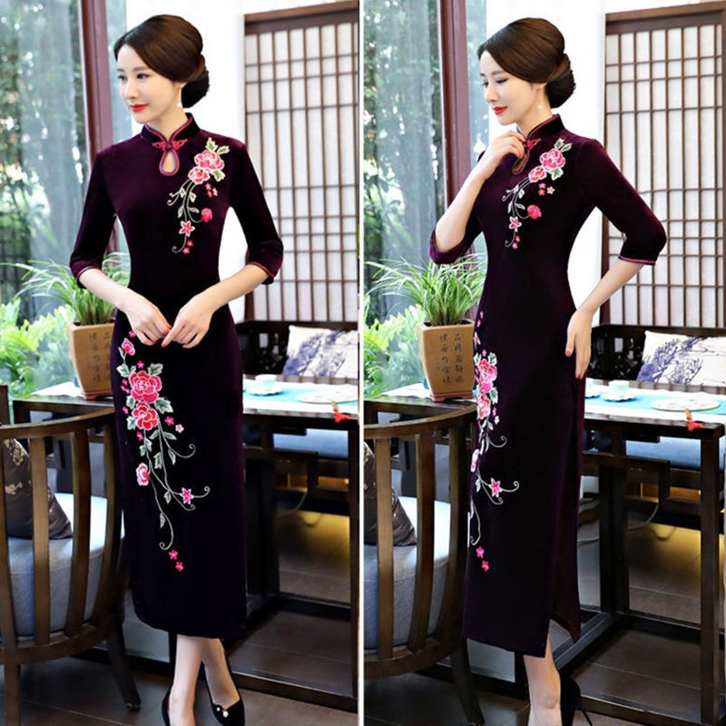 Sườn xám dài tay thêu nhung cao cấp mới 2020 sườn xám dài tay hàng ngày