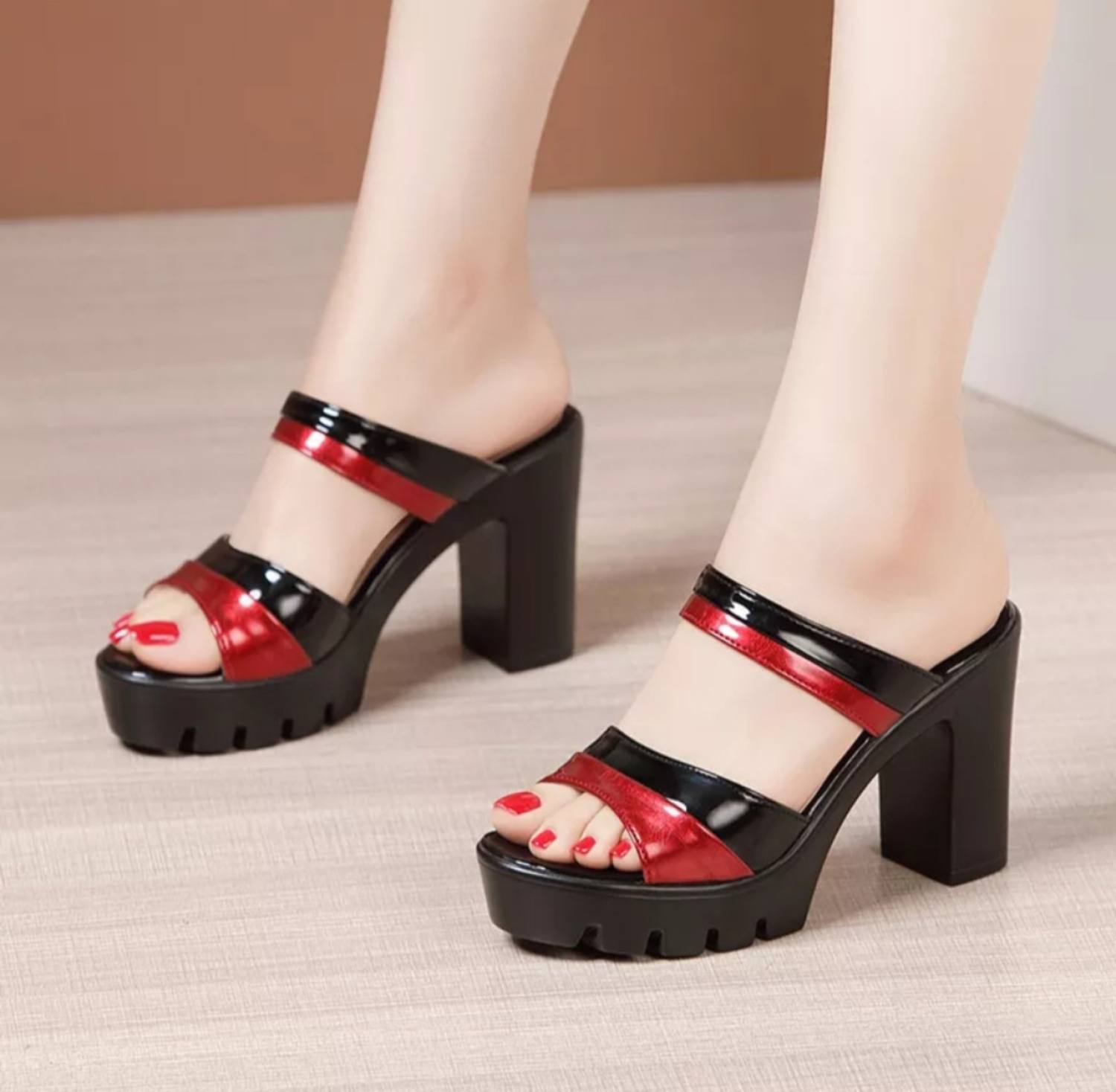 Dép cao gót đế thô 2 quai phối màu 9f L90