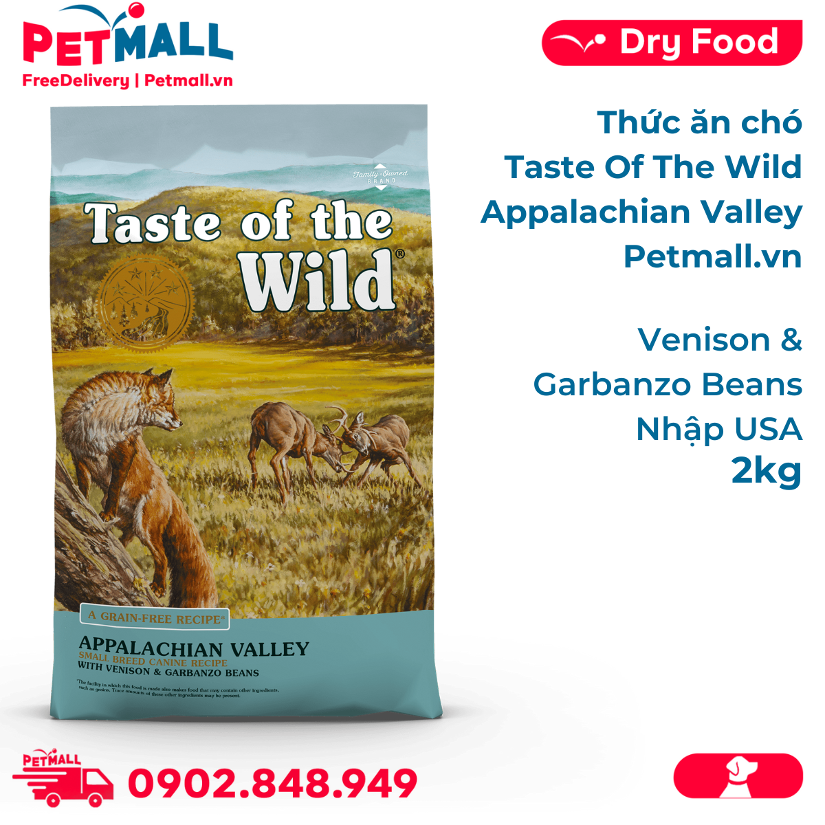 Thức ăn chó Taste Of The Wild Appalachian Valley 2kg - Venison & Garbanzo Beans Thịt Nai & Đậu Garbanzo - giống chó nhỏ nhập USA