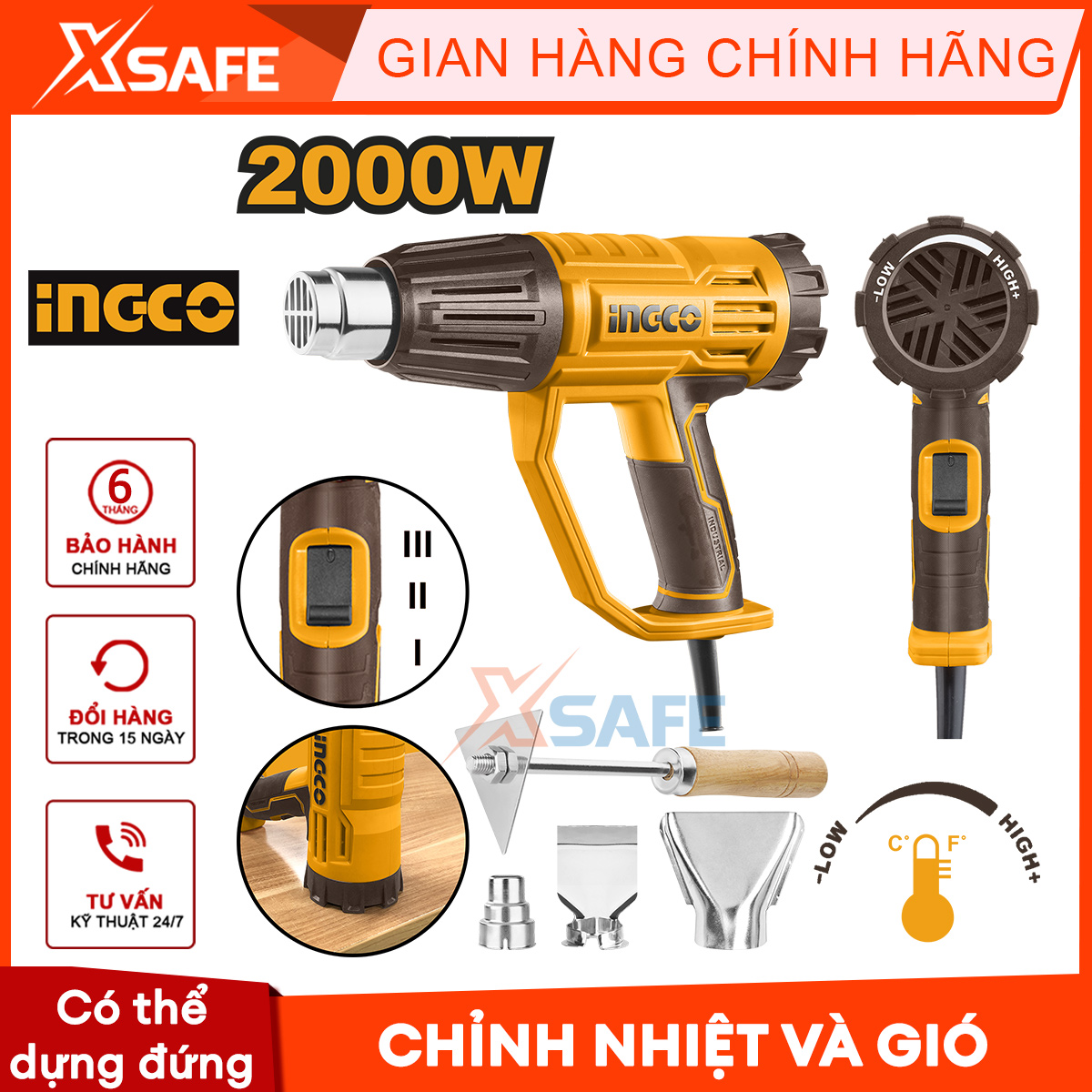 Heat blower INGCO HG200028 attached 1 tree scraping/rake and 4 mouth nozzle. Heat blower has a capacity of 2000W, temperature 380 °C/570 °C, quality air blower 300/500L/min, genuine warranty 6 months-product genuine XSAFE