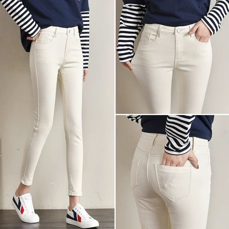Quần jeans trắng skinny co giãn tốt big size 65kg lưng vừa cao cấp
