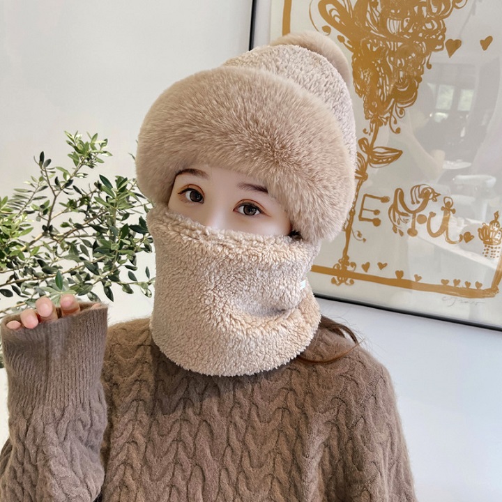 Mũ len nữ lông cừu liền khăn ấm áp cho mùa đông