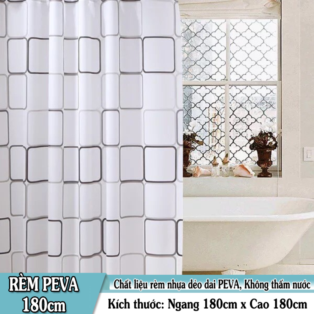 [HCM]Rèm phòng tắm / Rèm cửa sổ trắng họa tiết Ô Vuông đen lớn 180cm x 180cm
