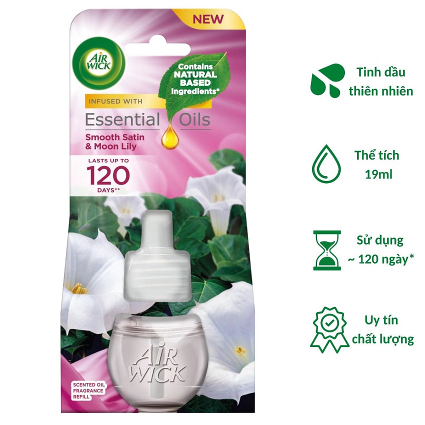 Chai tinh dầu cắm điện Air Wick Refill AWK2298 Smooth Satin & Moon Lily 19ml (Hương hoa lily), sử dụng điện 220V, làm thơm phòng