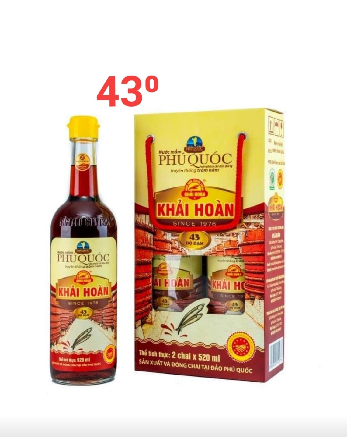 (chính hãng) nước mắm CỐT Khải Hoàn ĐẶC SẢN PHÚ QUỐC - (hộp 2 chai 520ml) (43 độ đạm)