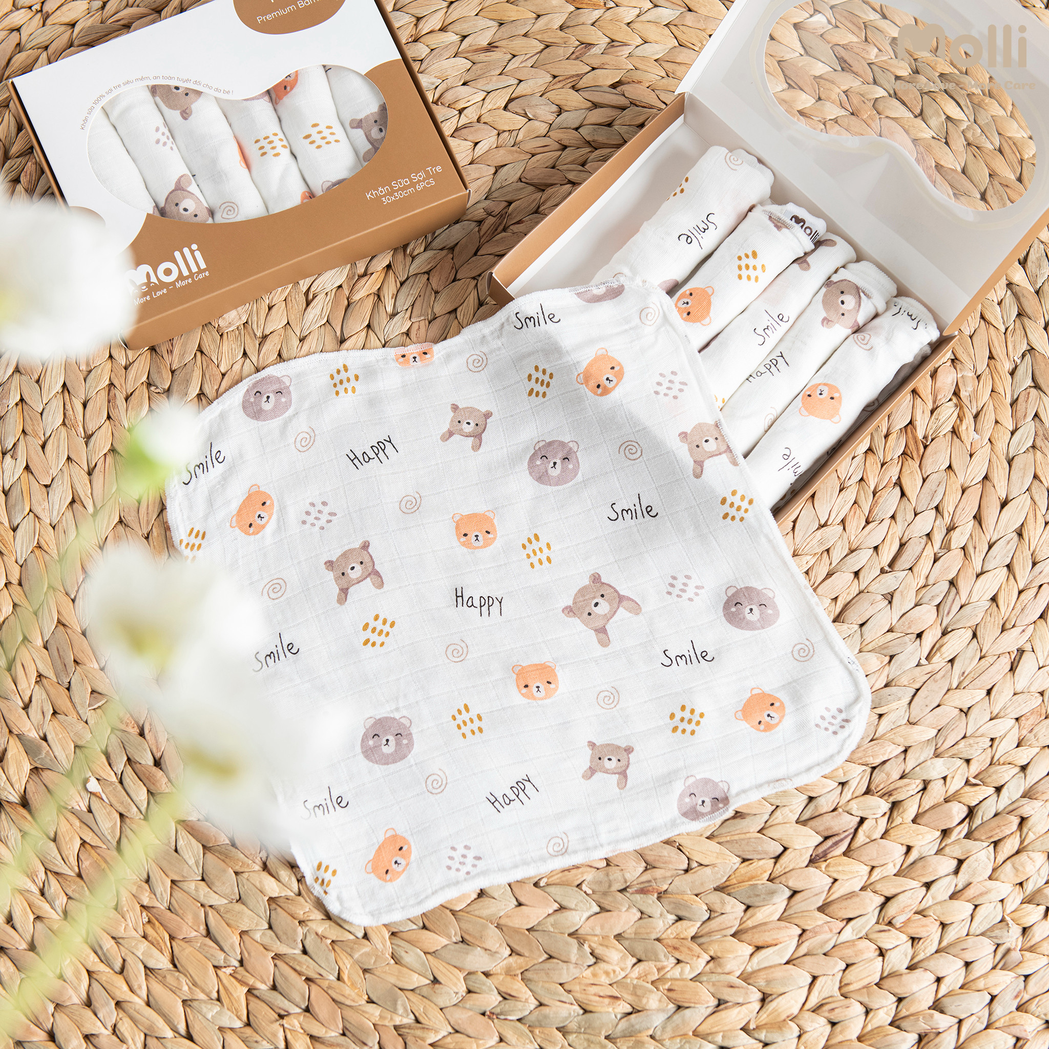 Hộp 6 khăn xô sữa sợi tre Molli màu 30x30 cho bé yêu