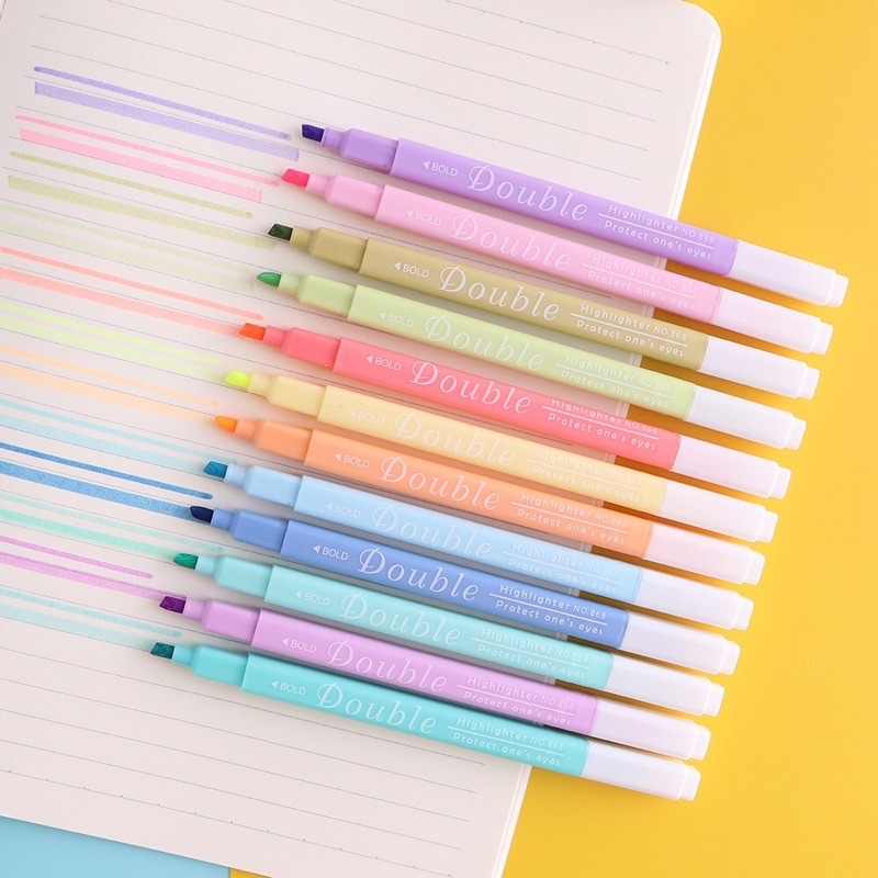 Bộ 12 bút highlight màu pastel 2 ngòi