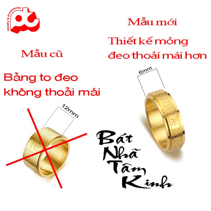 [Hoàn tiền 6%]Nhẫn nam inox thời trang kiểu bát nhã tâm kinh trangsucpt bảng 6mm màu mạ vàng thép không gỉ PTNNA08