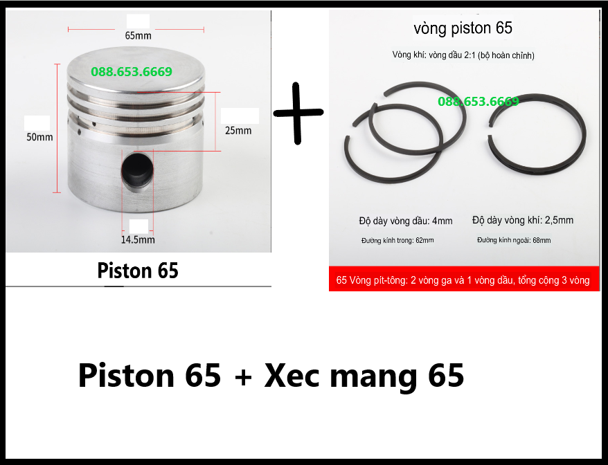 Bạc hơi 65mm trong máy nén khí chạy trực tiếp/ Pittong kèm xéc măng của máy hơi nòng 65