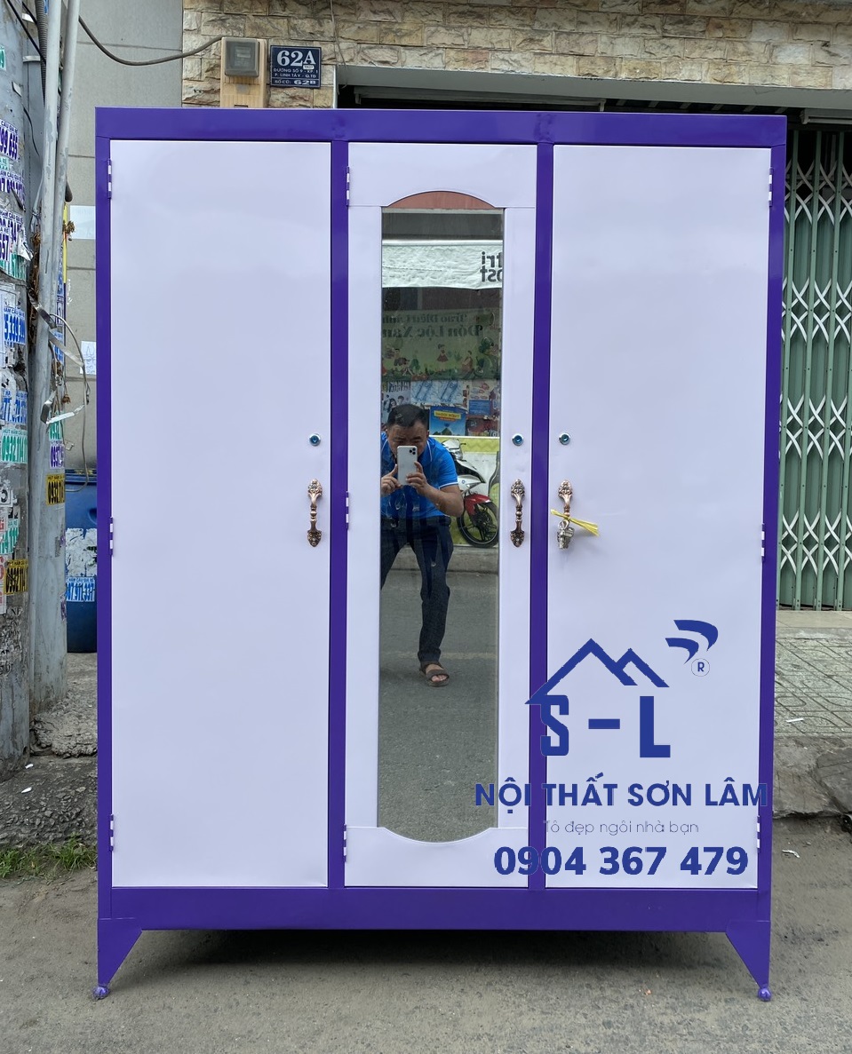 Tủ sắt 3 cánh đựng quần áo màu tím giá rẻ 1m4 (hàng order)