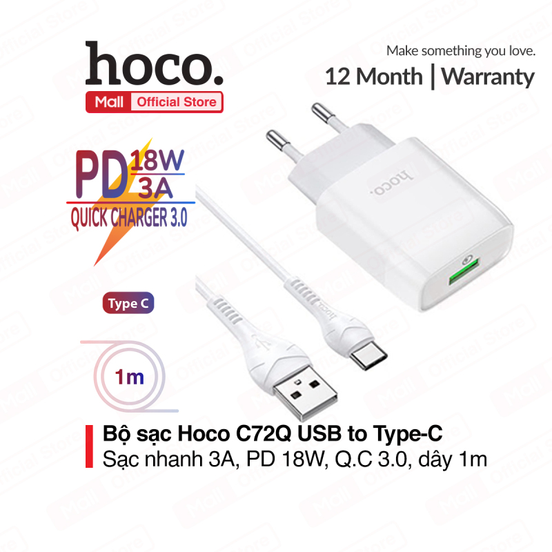 [HCM]Bộ sạc nhanh Hoco C72Q ( kèm cáp Type-C ) sạc nhanh 3A hỗ trợ PD 18W tương thích nhiều dòng Samsung/Huawei/Xiaomi... ( EU )