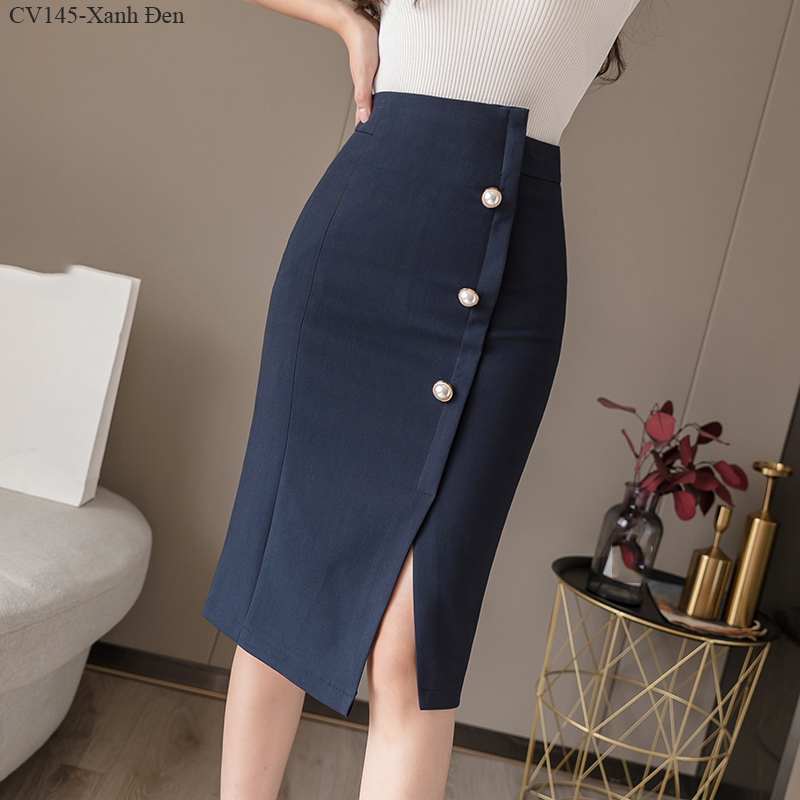 CV145 CHÂN VÁY BÚT CHÌ PHỐI NÚT