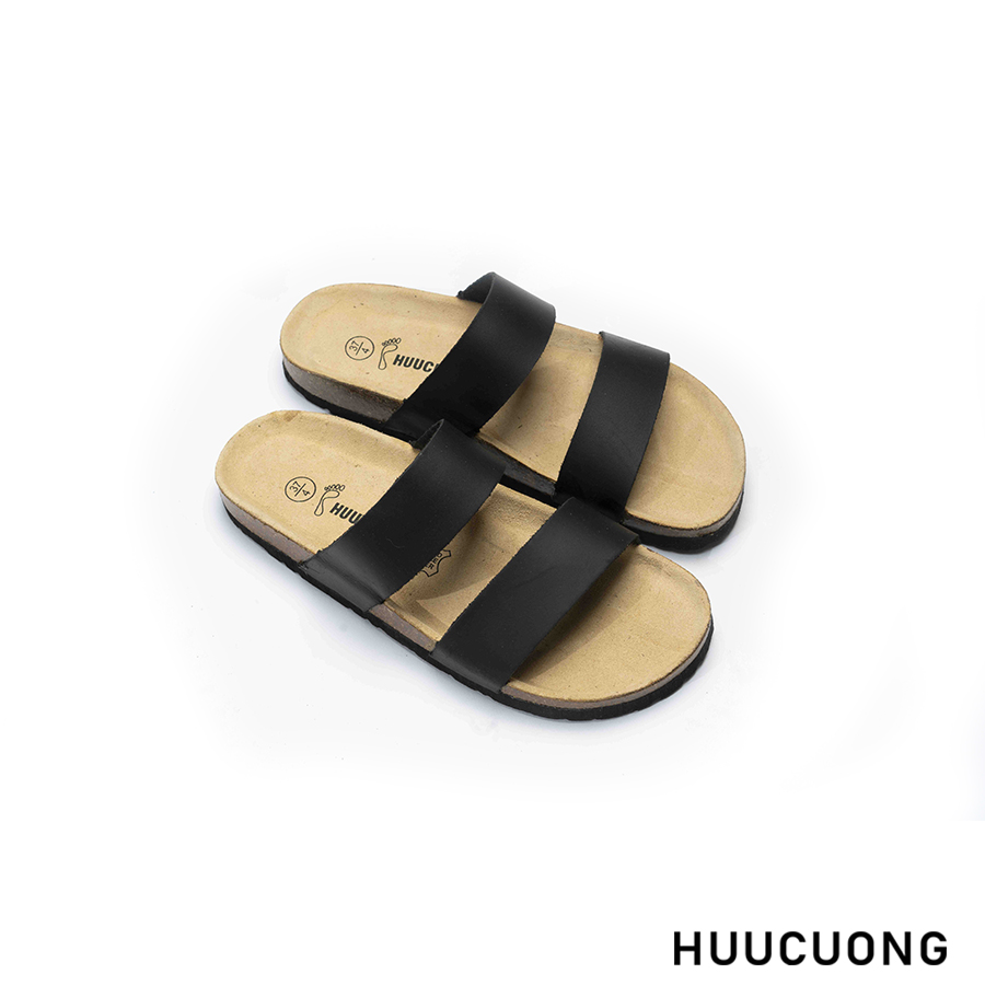 Dép unisex 2 quai da bò đen đế trấu