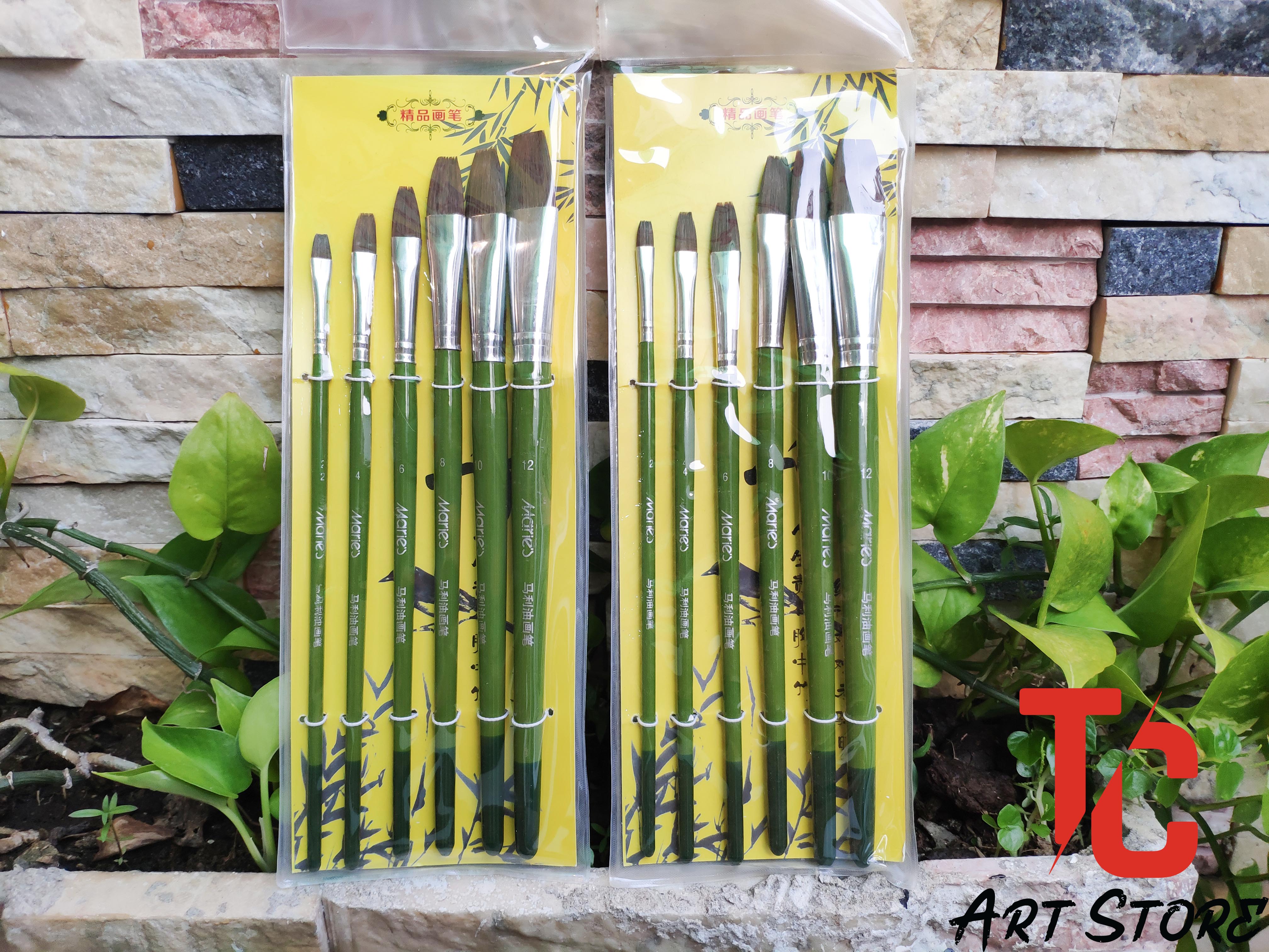 [TC Art Store] Bộ Cọ Đầu Vuông Maries cán Xanh Lá ( Cán Ngắn )