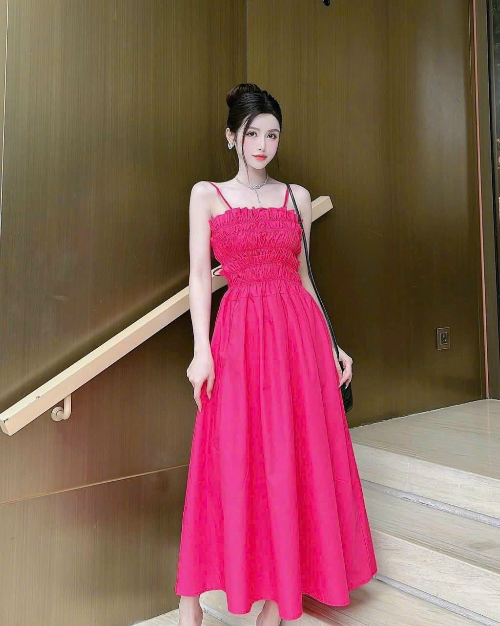 Đầm xòe hai dây mocking buộc nơ lưng