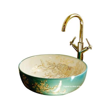 Chậu rửa lavabo gốm sứ nghệ thuật LAV0042 – Họa tiết mai trắng trên nền xanh ngọc