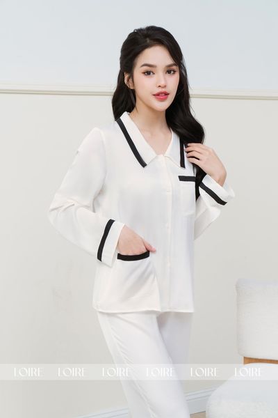 Bộ Pijama Lụa Trắng Viền Đen Dáng Dài Basic Loirechic LPD20