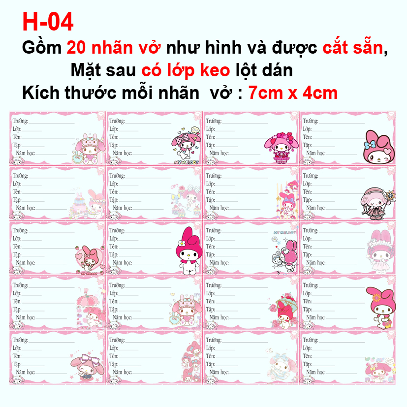 Nhãn vở My Melody - Nhãn dán My melody (1 set 20 nhãn vở khác nhau)