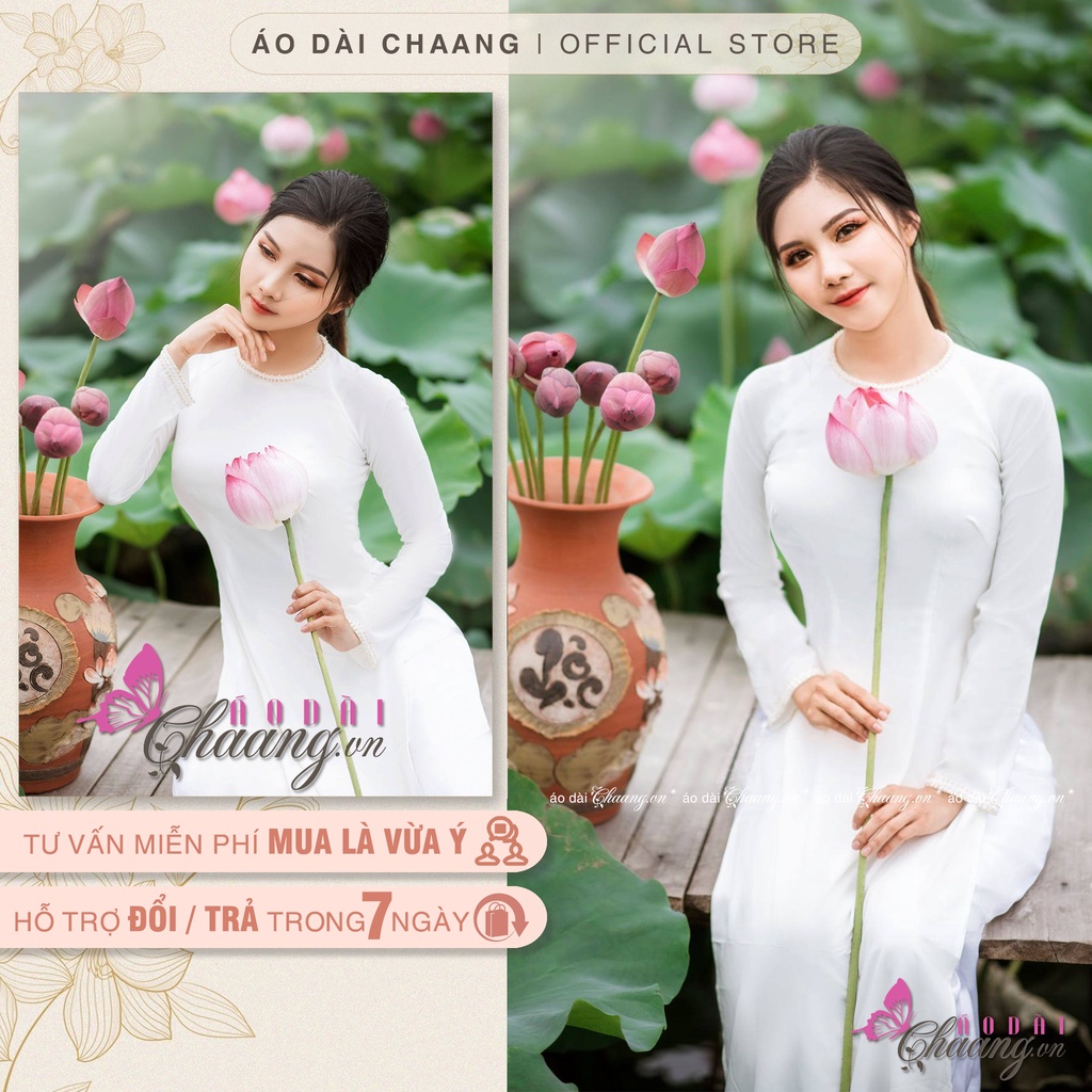 Áo dài lụa Tây Thi cổ tròn_Chaang_ May sẵn áo dài thiết kê truyền thống, đính hạt ngọc cổ tay
