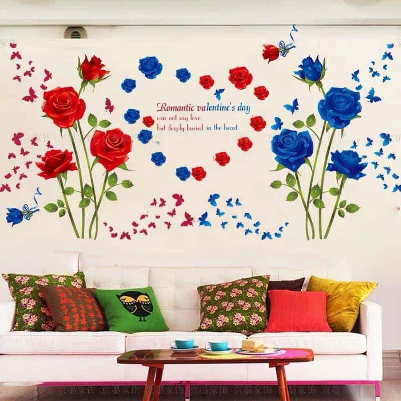 [HCM]DECAL DÁN TƯỜNG ĐÔI HOA HỒNG NHUNG ĐỎ VÀ XANH
