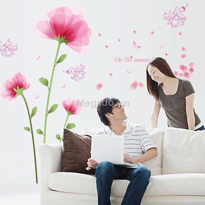 Decal dán tường mẫu  hoa pha lê hồng cánh mỏng